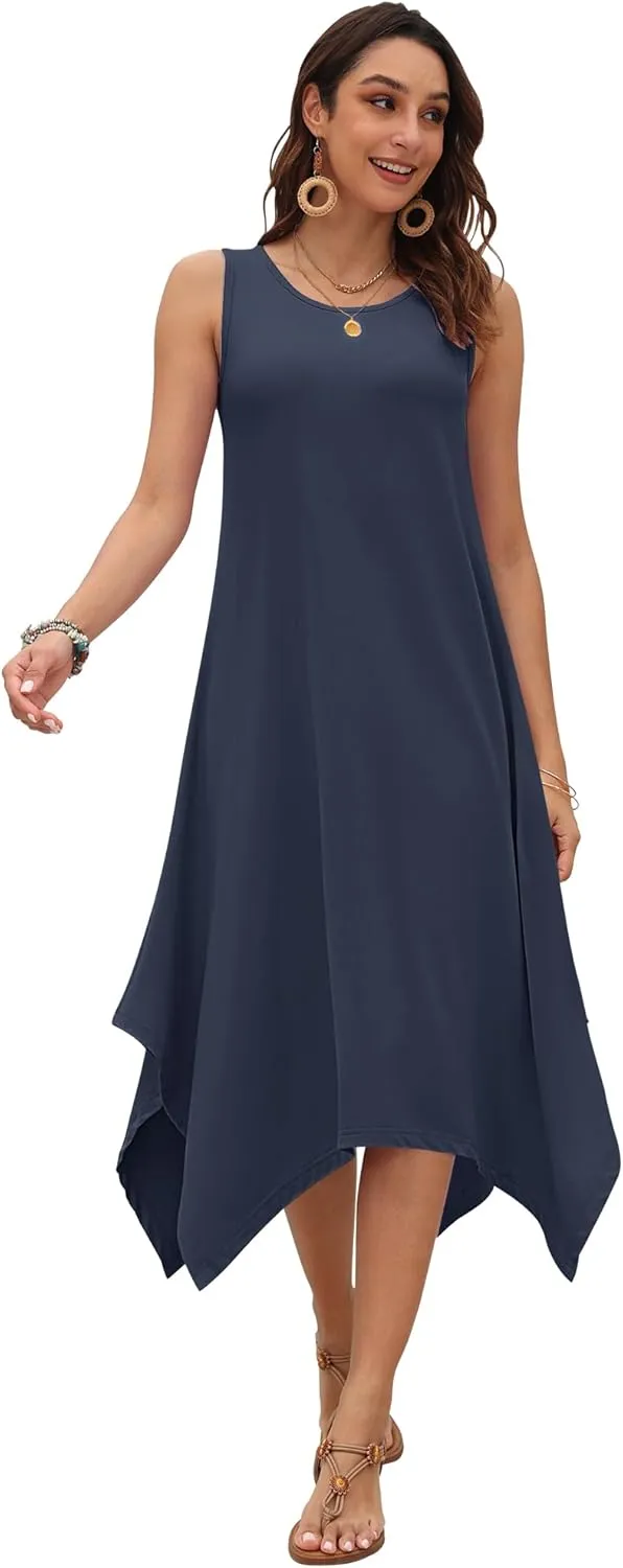 AUSELILY Women's Summer Dresses 2025 Casual Sleeveless Sundress Asymmetrical Hem Midi Tank Beach Dress with Pockets