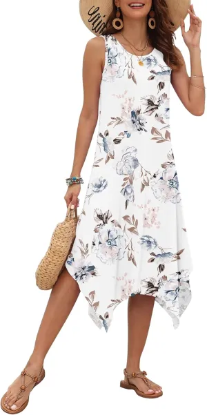 AUSELILY Women's Summer Dresses 2025 Casual Sleeveless Sundress Asymmetrical Hem Midi Tank Beach Dress with Pockets