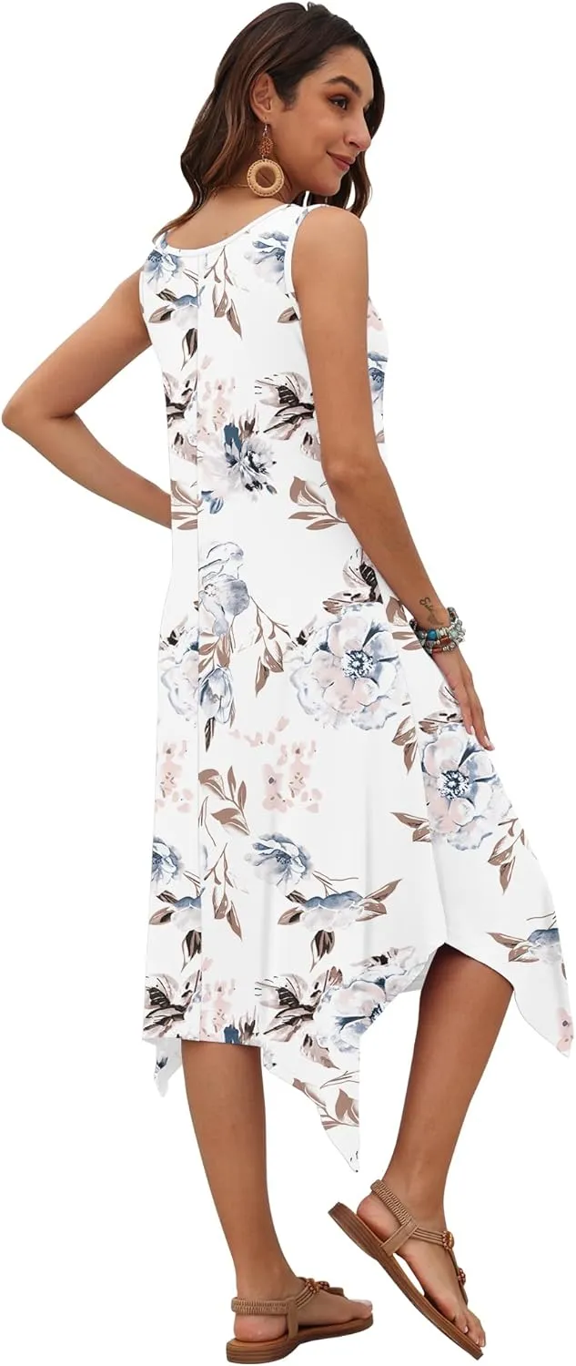 AUSELILY Women's Summer Dresses 2025 Casual Sleeveless Sundress Asymmetrical Hem Midi Tank Beach Dress with Pockets