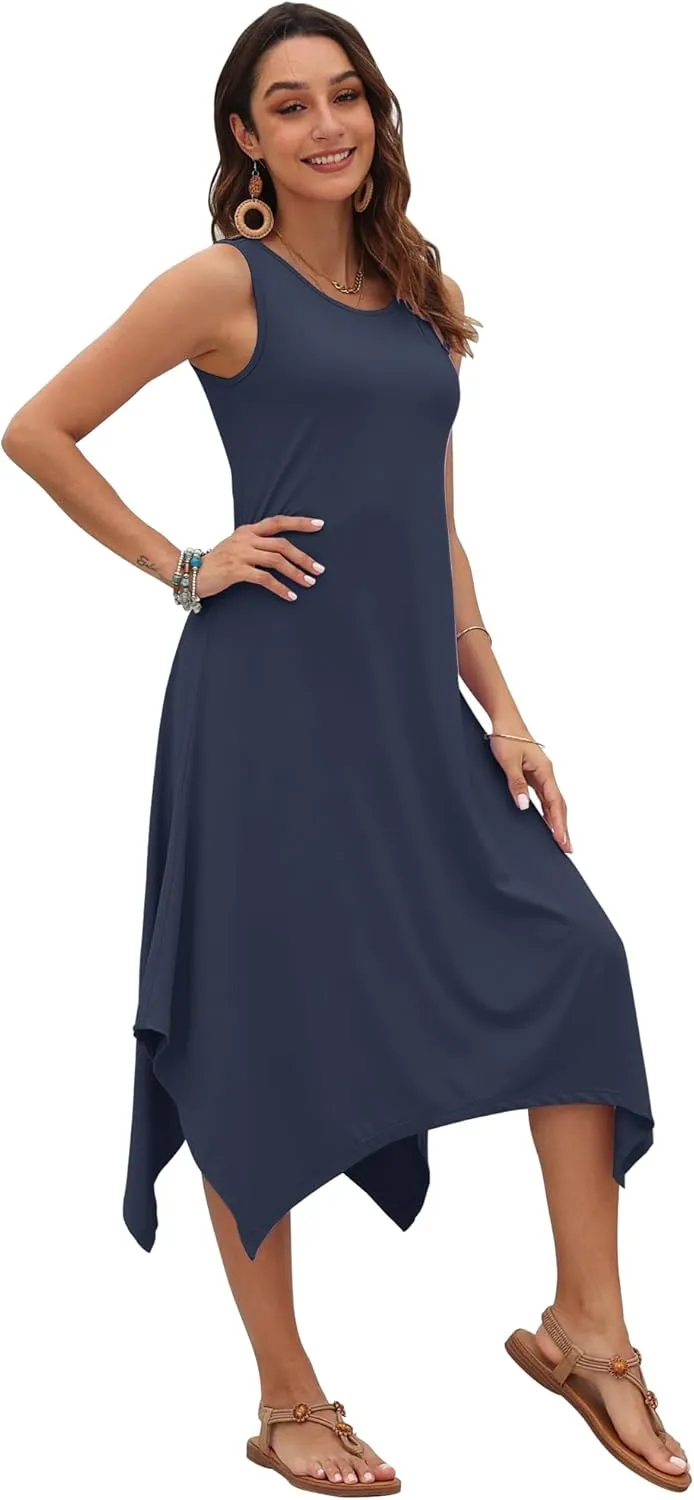 AUSELILY Women's Summer Dresses 2025 Casual Sleeveless Sundress Asymmetrical Hem Midi Tank Beach Dress with Pockets