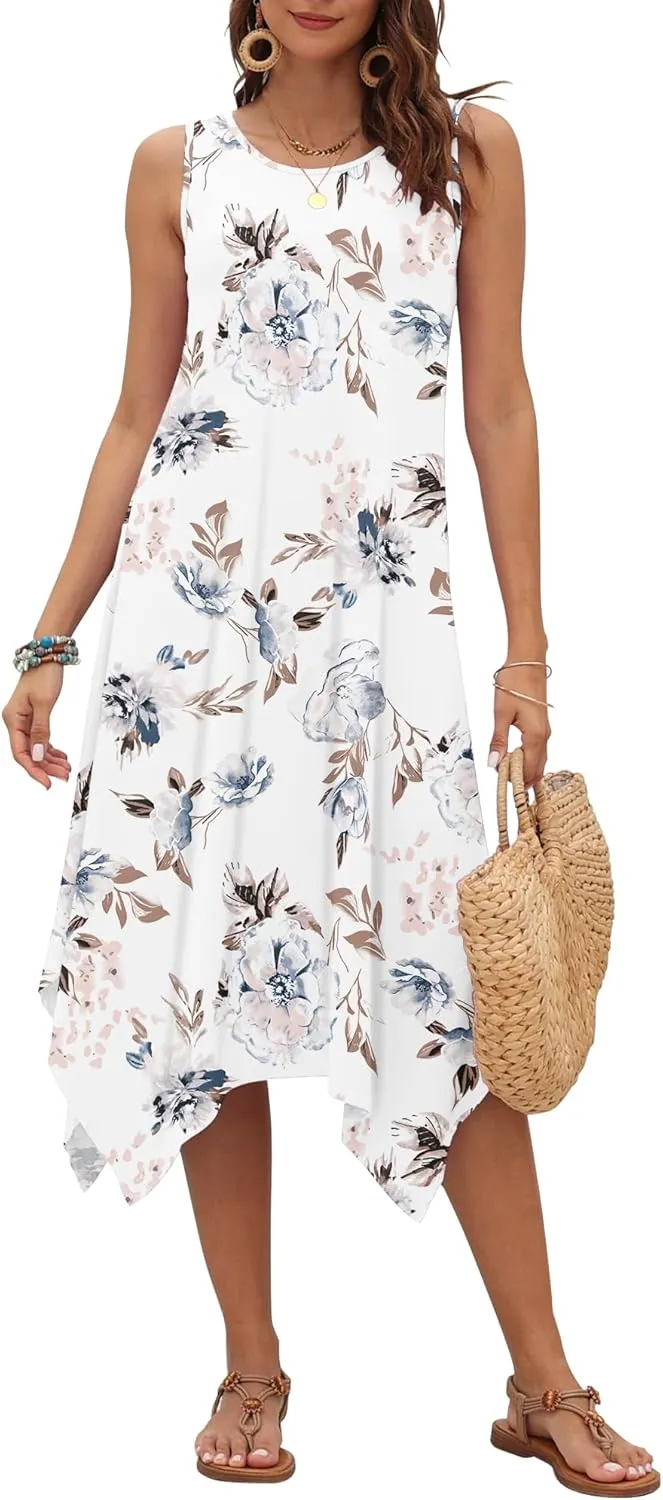 AUSELILY Women's Summer Dresses 2025 Casual Sleeveless Sundress Asymmetrical Hem Midi Tank Beach Dress with Pockets