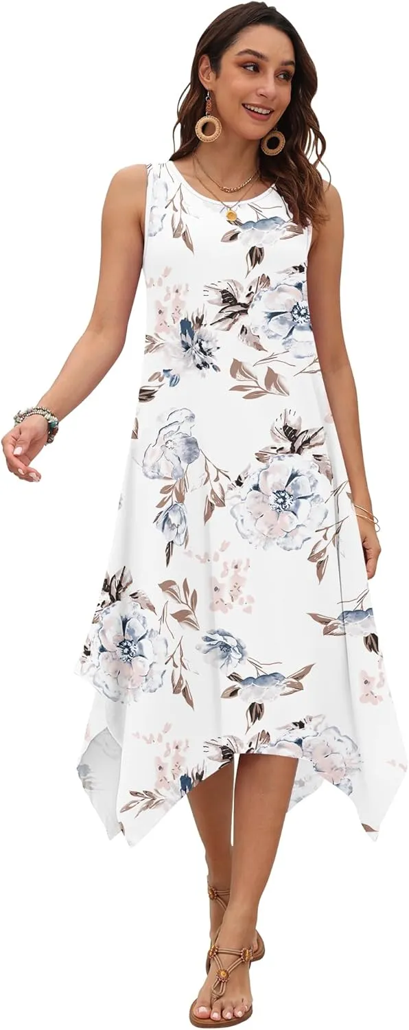 AUSELILY Women's Summer Dresses 2025 Casual Sleeveless Sundress Asymmetrical Hem Midi Tank Beach Dress with Pockets