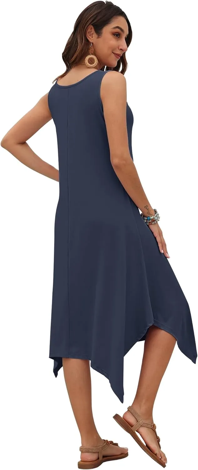 AUSELILY Women's Summer Dresses 2025 Casual Sleeveless Sundress Asymmetrical Hem Midi Tank Beach Dress with Pockets