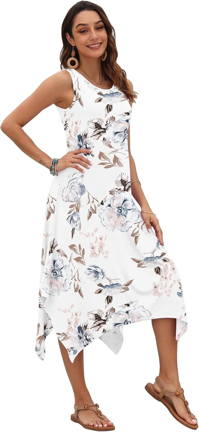 AUSELILY Women's Summer Dresses 2025 Casual Sleeveless Sundress Asymmetrical Hem Midi Tank Beach Dress with Pockets