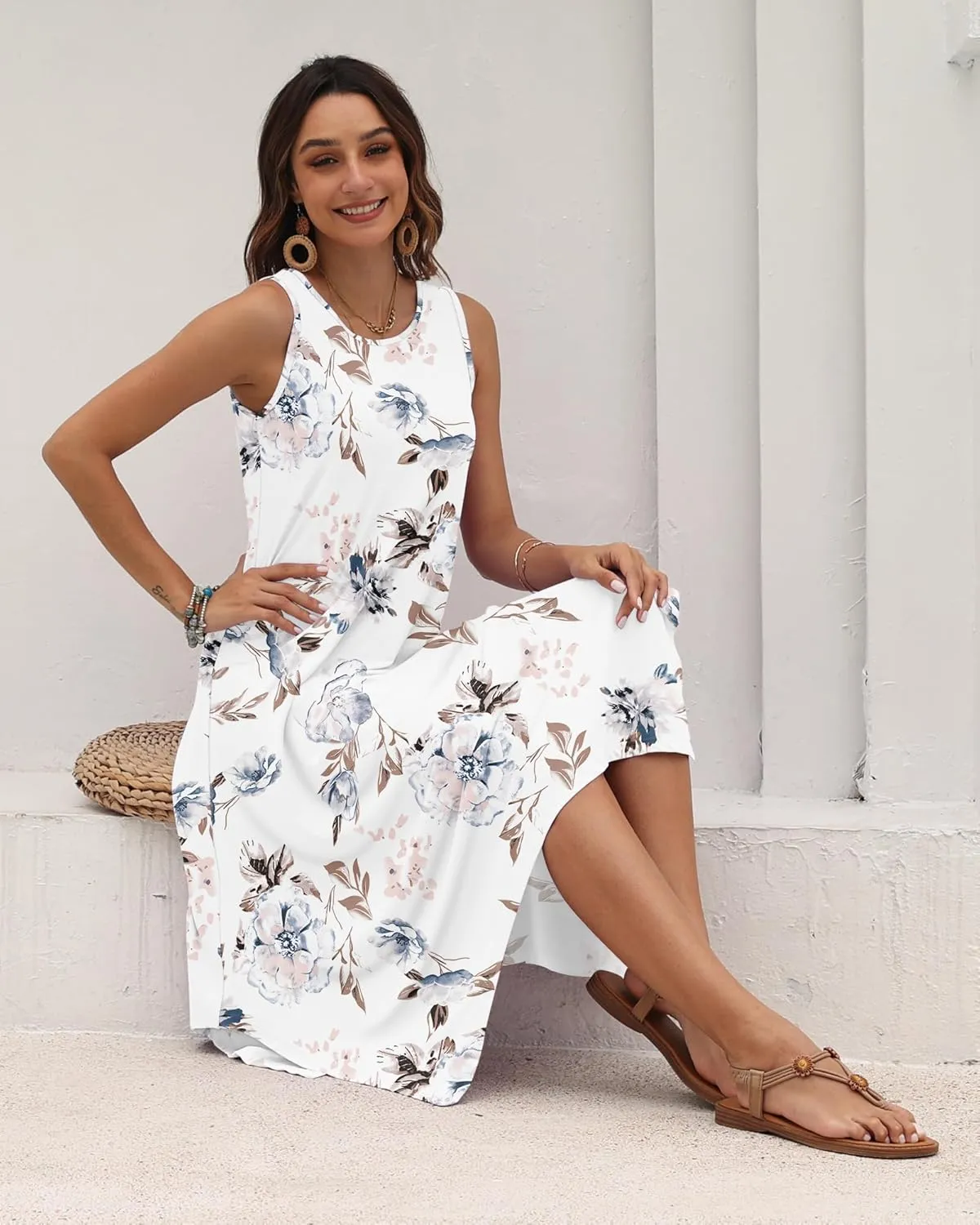 AUSELILY Women's Summer Dresses 2025 Casual Sleeveless Sundress Asymmetrical Hem Midi Tank Beach Dress with Pockets