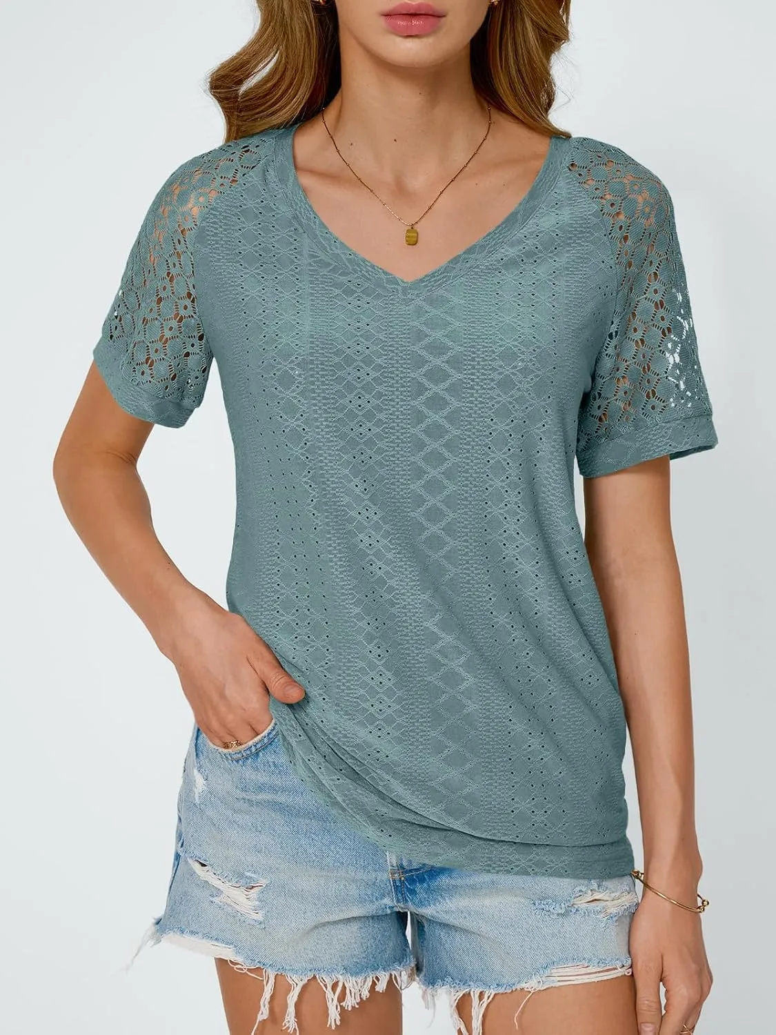 AUTOMET Womens V Neck T Shirts Short Sleeve Dressy Causal Tops Eyelet Embroidery Summer 2025 Fashion Trendy Clothes