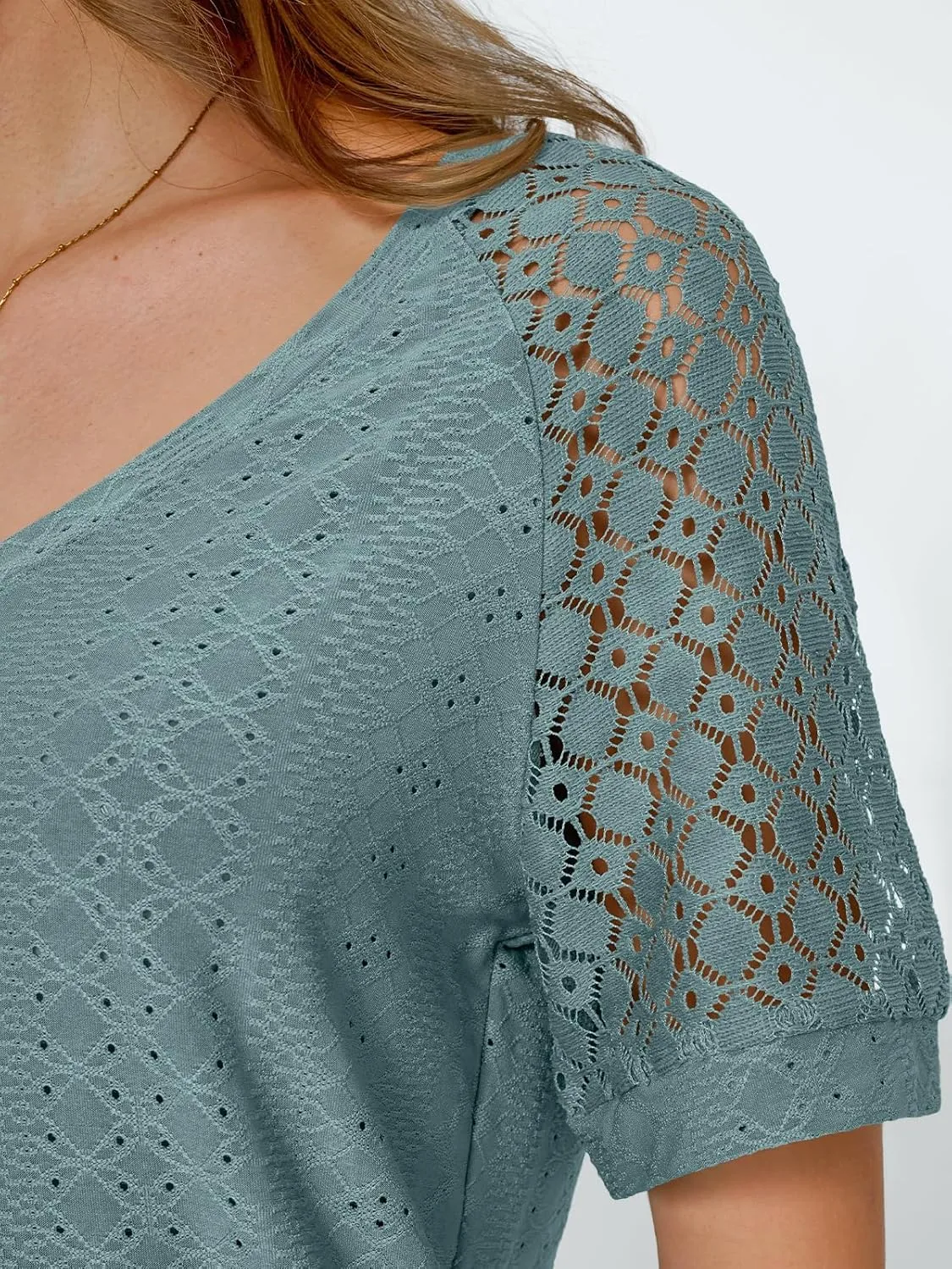AUTOMET Womens V Neck T Shirts Short Sleeve Dressy Causal Tops Eyelet Embroidery Summer 2025 Fashion Trendy Clothes