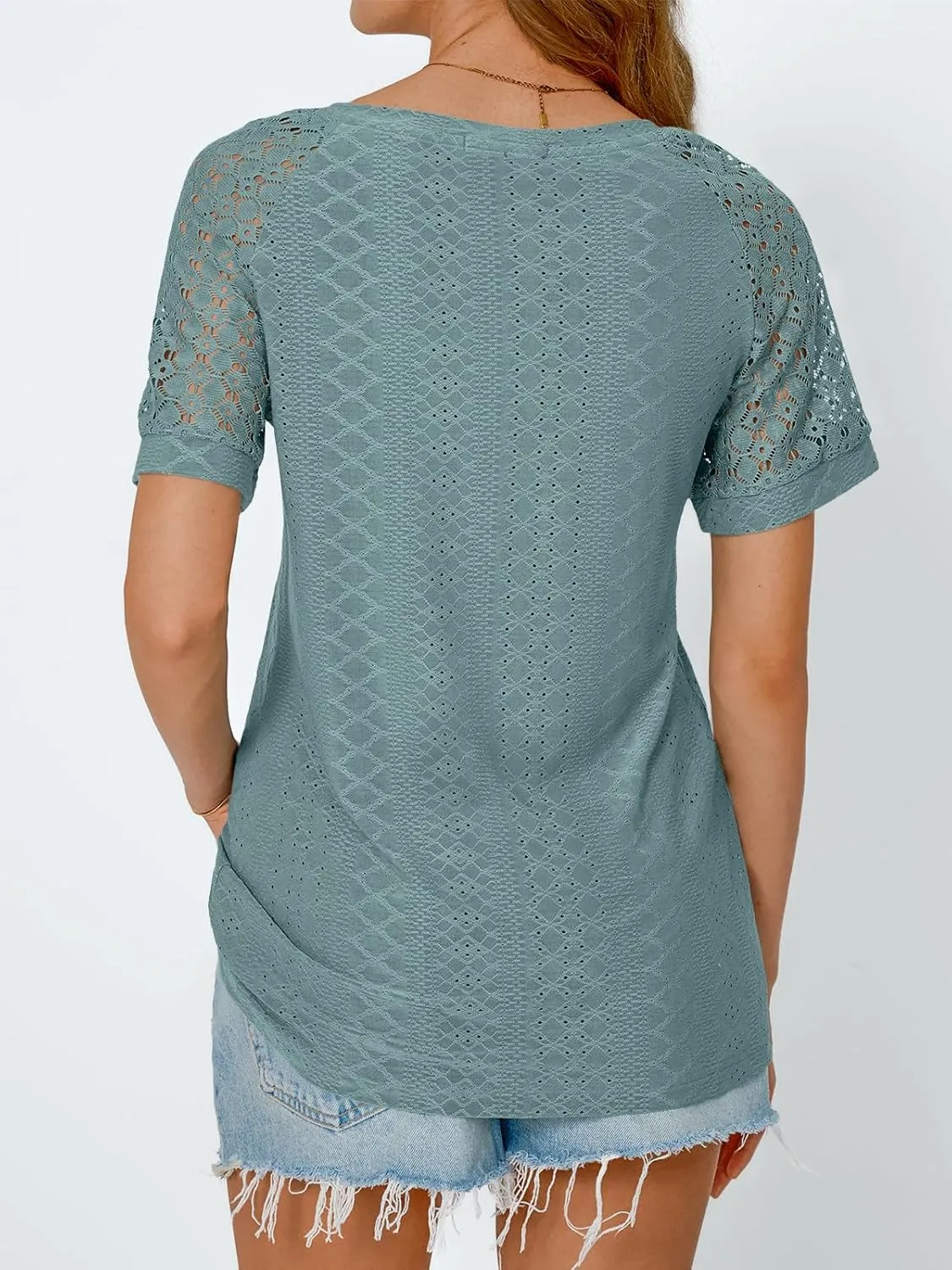 AUTOMET Womens V Neck T Shirts Short Sleeve Dressy Causal Tops Eyelet Embroidery Summer 2025 Fashion Trendy Clothes