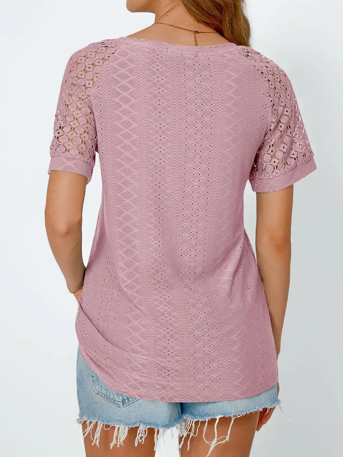 AUTOMET Womens V Neck T Shirts Short Sleeve Dressy Causal Tops Eyelet Embroidery Summer 2025 Fashion Trendy Clothes