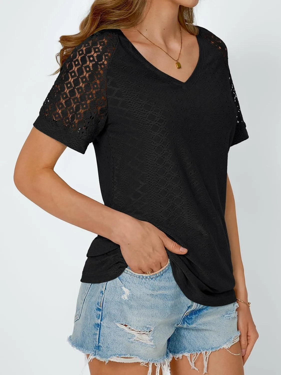 AUTOMET Womens V Neck T Shirts Short Sleeve Dressy Causal Tops Eyelet Embroidery Summer 2025 Fashion Trendy Clothes