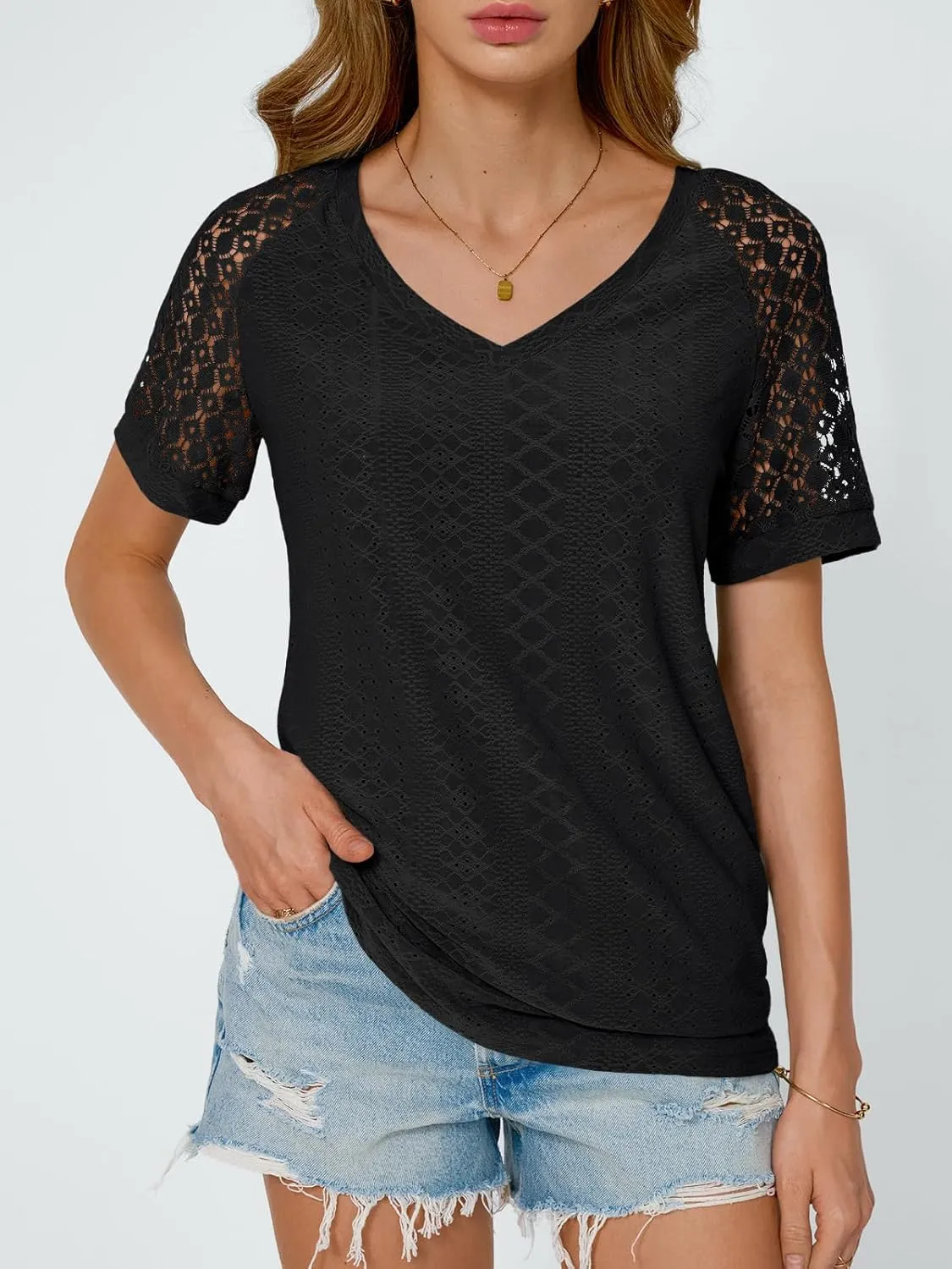 AUTOMET Womens V Neck T Shirts Short Sleeve Dressy Causal Tops Eyelet Embroidery Summer 2025 Fashion Trendy Clothes