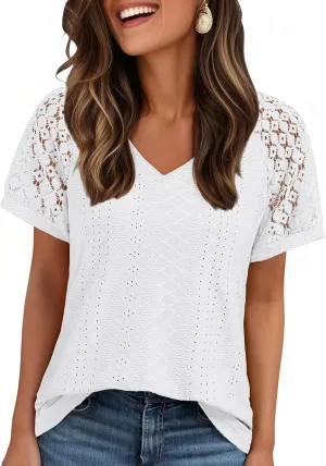 AUTOMET Womens V Neck T Shirts Short Sleeve Dressy Causal Tops Eyelet Embroidery Summer 2025 Fashion Trendy Clothes