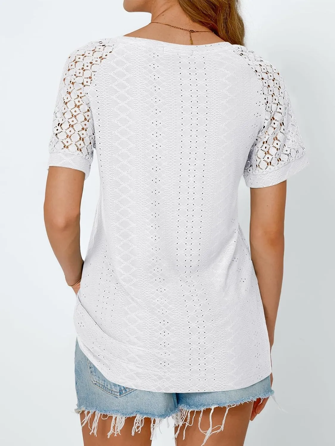 AUTOMET Womens V Neck T Shirts Short Sleeve Dressy Causal Tops Eyelet Embroidery Summer 2025 Fashion Trendy Clothes
