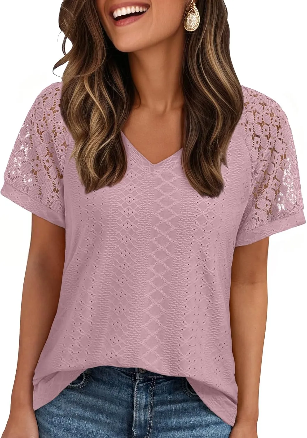 AUTOMET Womens V Neck T Shirts Short Sleeve Dressy Causal Tops Eyelet Embroidery Summer 2025 Fashion Trendy Clothes