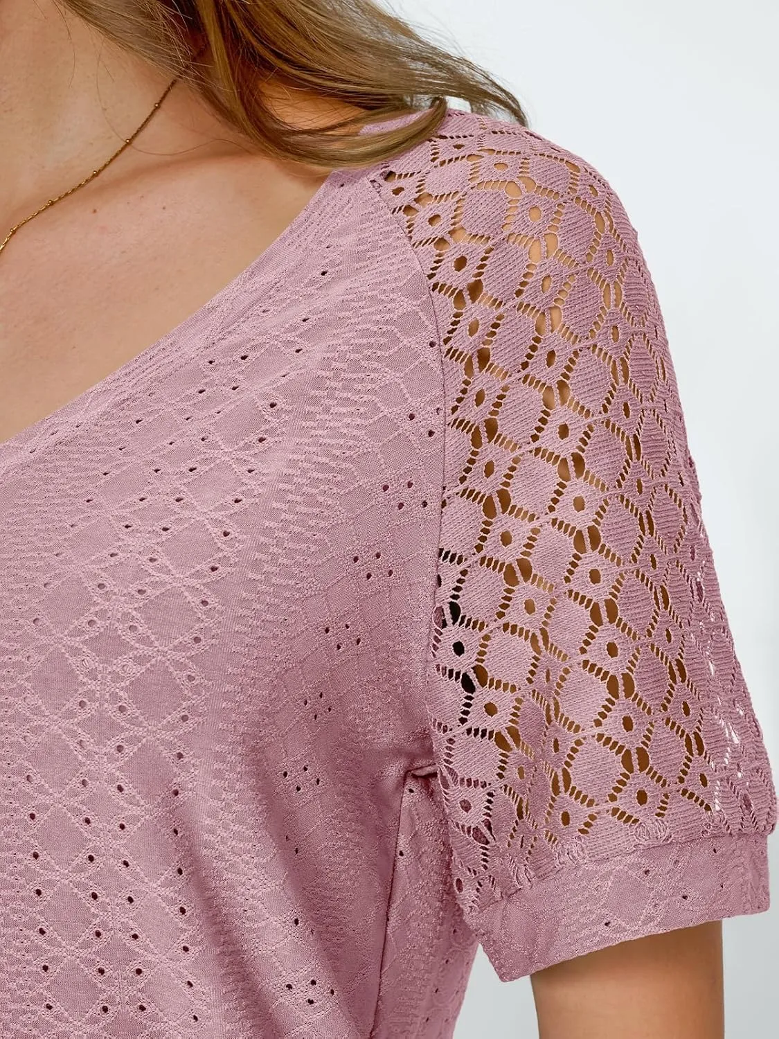 AUTOMET Womens V Neck T Shirts Short Sleeve Dressy Causal Tops Eyelet Embroidery Summer 2025 Fashion Trendy Clothes
