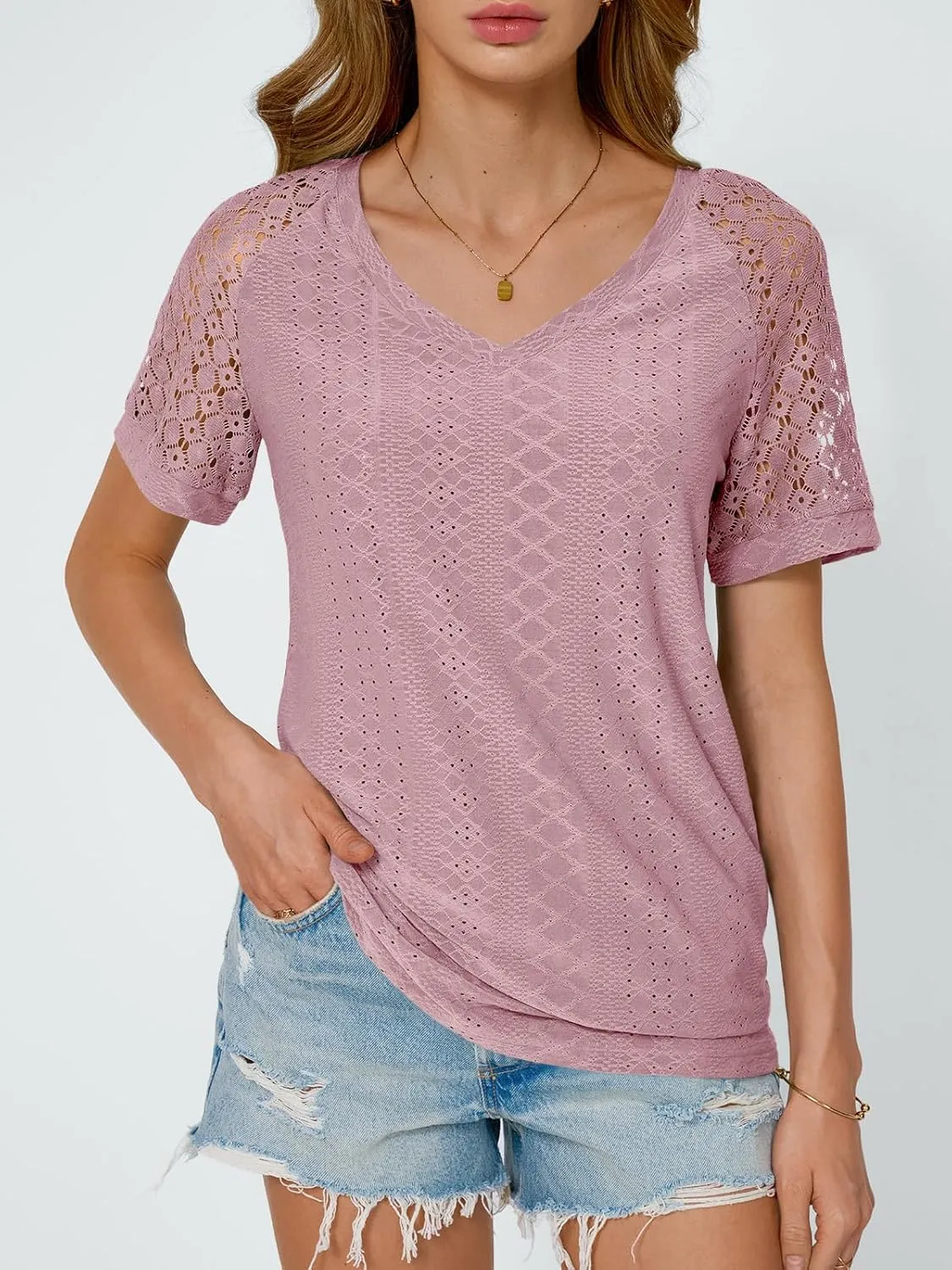 AUTOMET Womens V Neck T Shirts Short Sleeve Dressy Causal Tops Eyelet Embroidery Summer 2025 Fashion Trendy Clothes