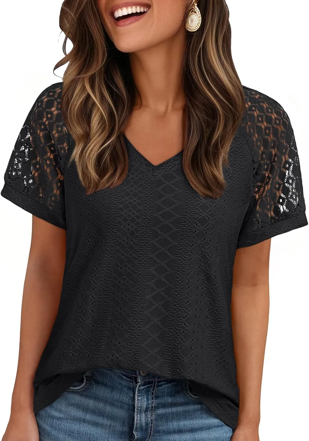 AUTOMET Womens V Neck T Shirts Short Sleeve Dressy Causal Tops Eyelet Embroidery Summer 2025 Fashion Trendy Clothes