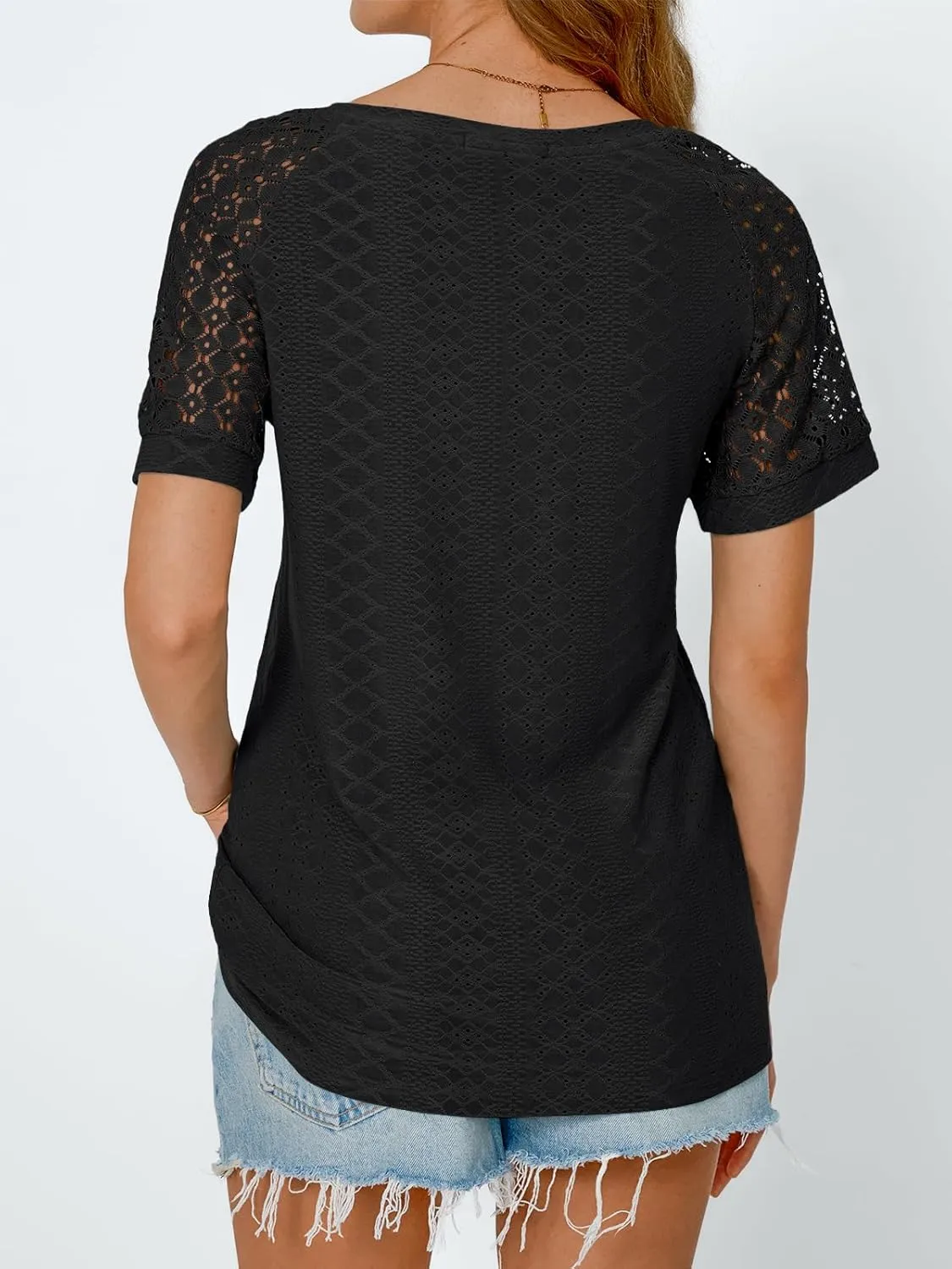 AUTOMET Womens V Neck T Shirts Short Sleeve Dressy Causal Tops Eyelet Embroidery Summer 2025 Fashion Trendy Clothes