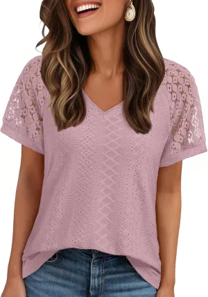 AUTOMET Womens V Neck T Shirts Short Sleeve Dressy Causal Tops Eyelet Embroidery Summer 2025 Fashion Trendy Clothes