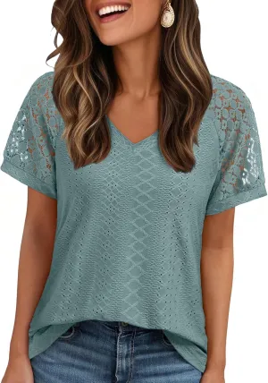 AUTOMET Womens V Neck T Shirts Short Sleeve Dressy Causal Tops Eyelet Embroidery Summer 2025 Fashion Trendy Clothes