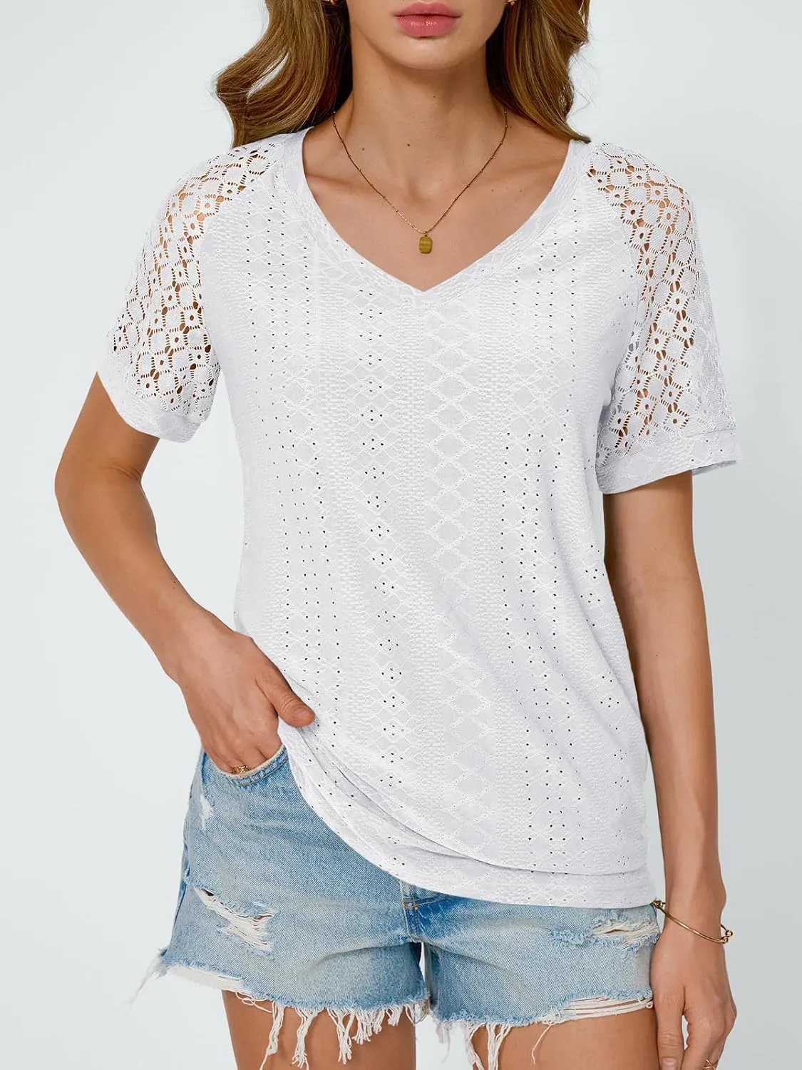 AUTOMET Womens V Neck T Shirts Short Sleeve Dressy Causal Tops Eyelet Embroidery Summer 2025 Fashion Trendy Clothes