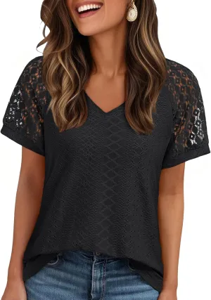 AUTOMET Womens V Neck T Shirts Short Sleeve Dressy Causal Tops Eyelet Embroidery Summer 2025 Fashion Trendy Clothes