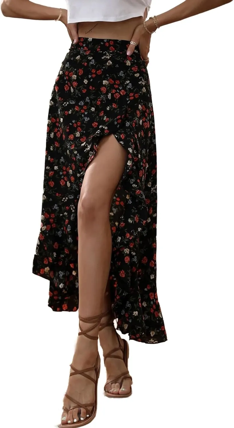 Avanova Women High Waisted Boho Slit Skirt Floral Summer Casual Ruffle Split Long Skirts