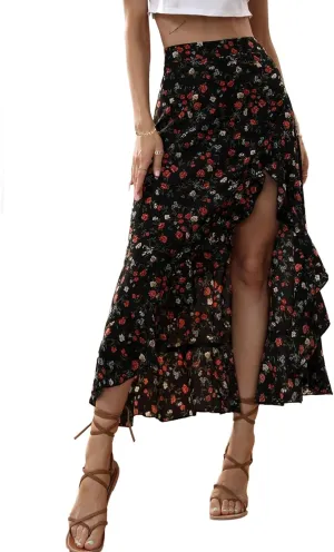 Avanova Women High Waisted Boho Slit Skirt Floral Summer Casual Ruffle Split Long Skirts