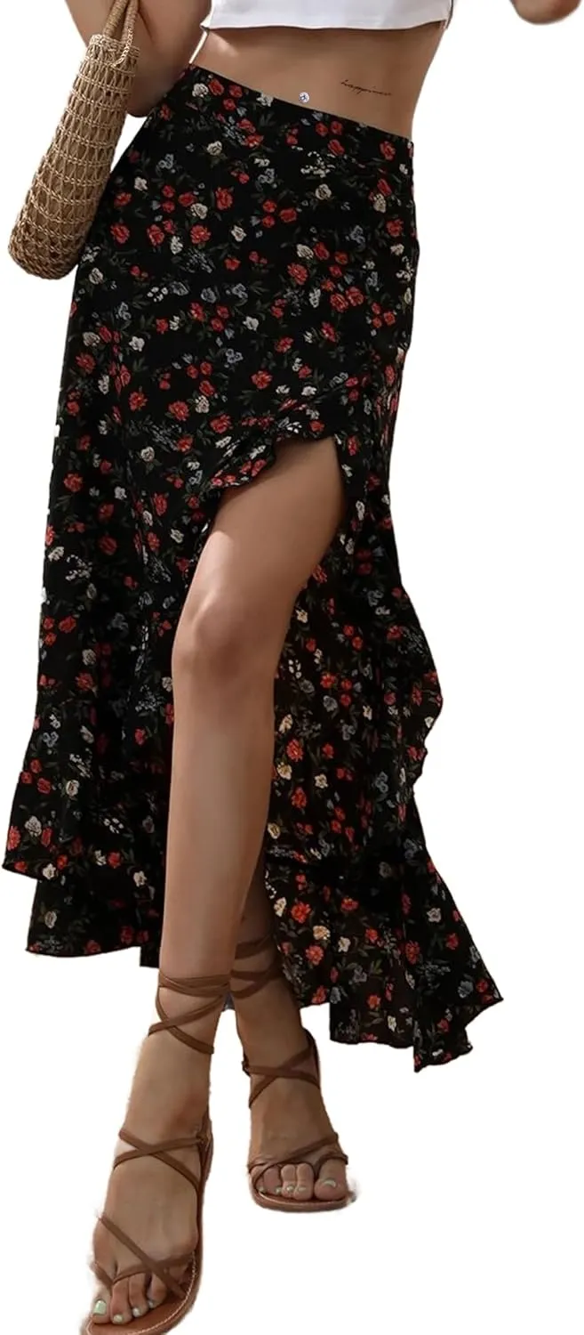 Avanova Women High Waisted Boho Slit Skirt Floral Summer Casual Ruffle Split Long Skirts