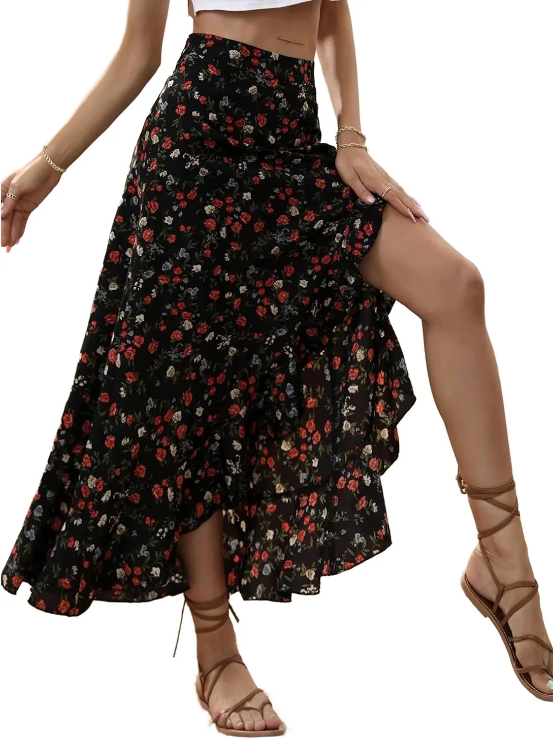 Avanova Women High Waisted Boho Slit Skirt Floral Summer Casual Ruffle Split Long Skirts