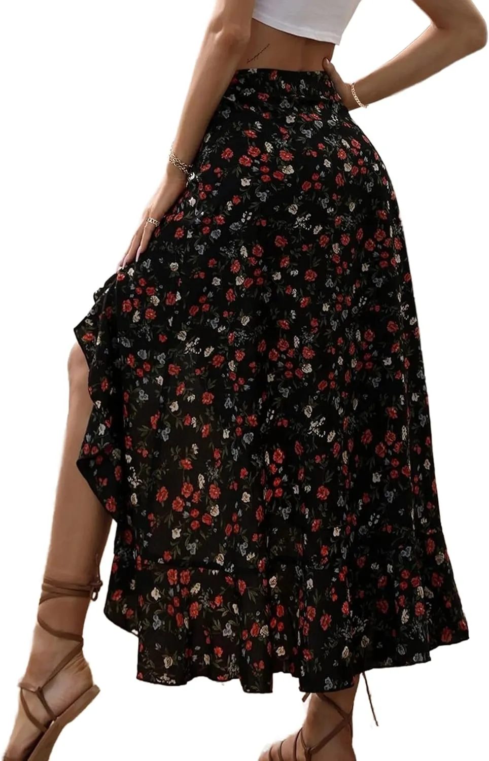 Avanova Women High Waisted Boho Slit Skirt Floral Summer Casual Ruffle Split Long Skirts