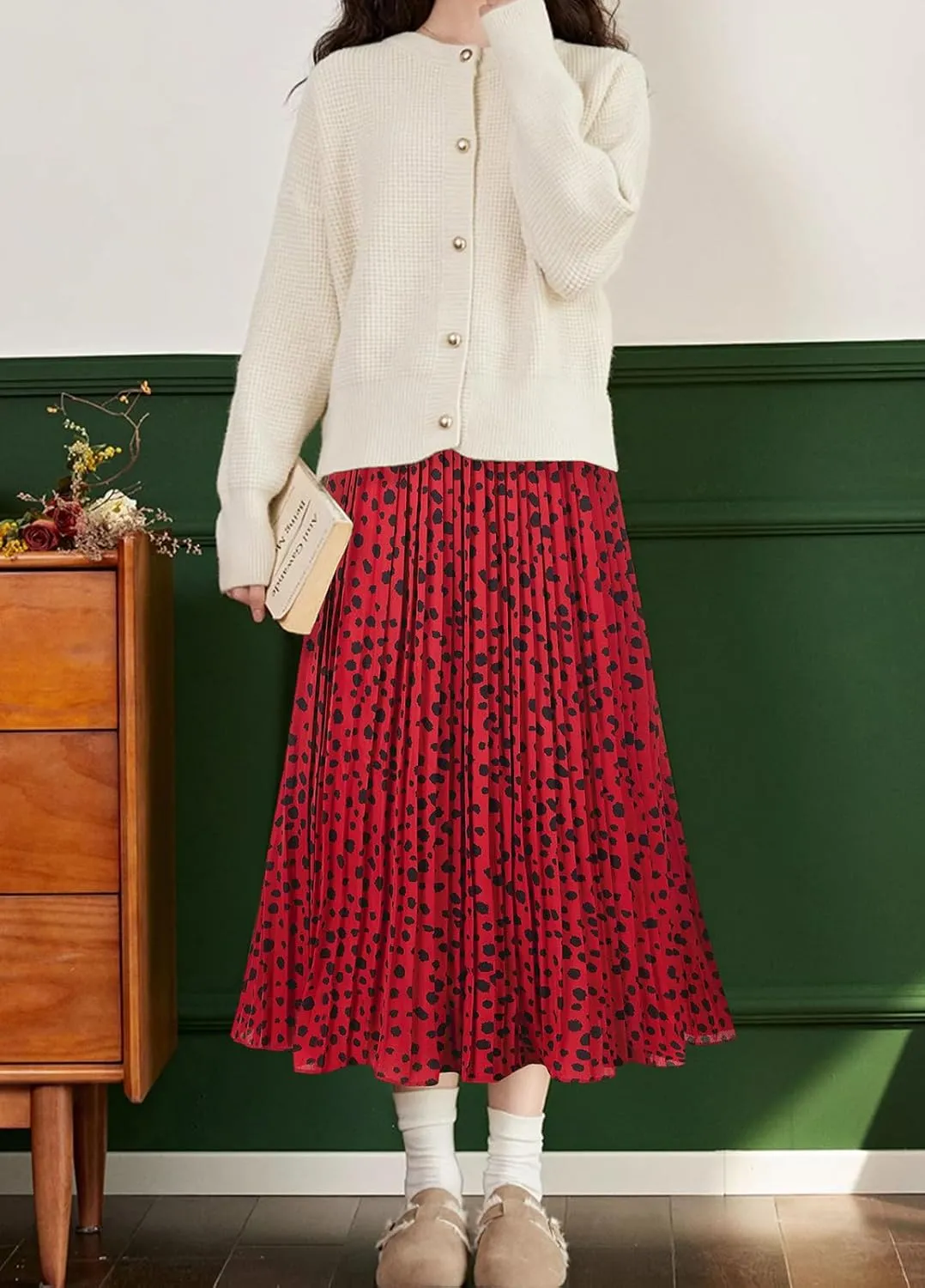 Basoteeuo Womens Skirt Leopard Print Midi Long Shirring Pleated Skirts High Waisted A Line Skirts