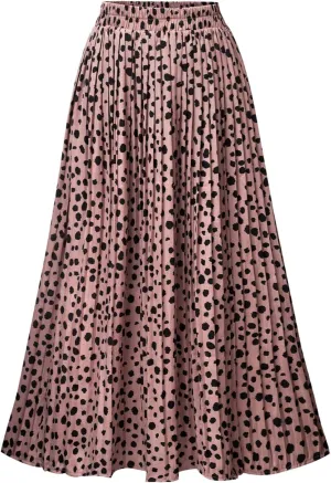 Basoteeuo Womens Skirt Leopard Print Midi Long Shirring Pleated Skirts High Waisted A Line Skirts