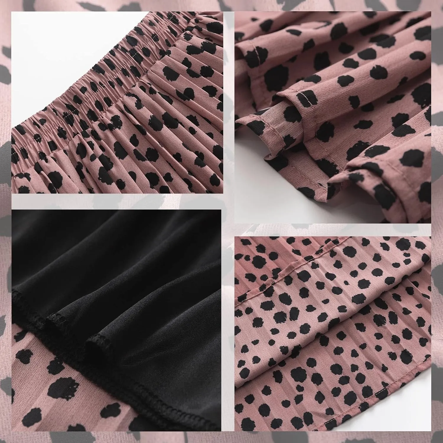 Basoteeuo Womens Skirt Leopard Print Midi Long Shirring Pleated Skirts High Waisted A Line Skirts