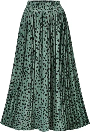 Basoteeuo Womens Skirt Leopard Print Midi Long Shirring Pleated Skirts High Waisted A Line Skirts
