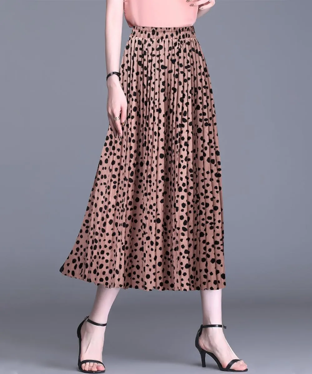 Basoteeuo Womens Skirt Leopard Print Midi Long Shirring Pleated Skirts High Waisted A Line Skirts
