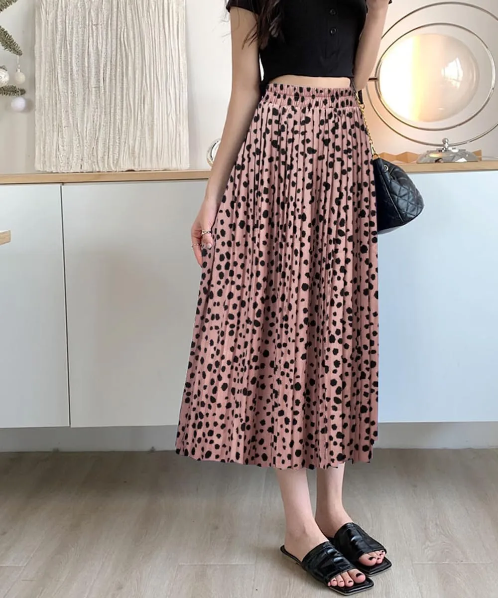 Basoteeuo Womens Skirt Leopard Print Midi Long Shirring Pleated Skirts High Waisted A Line Skirts