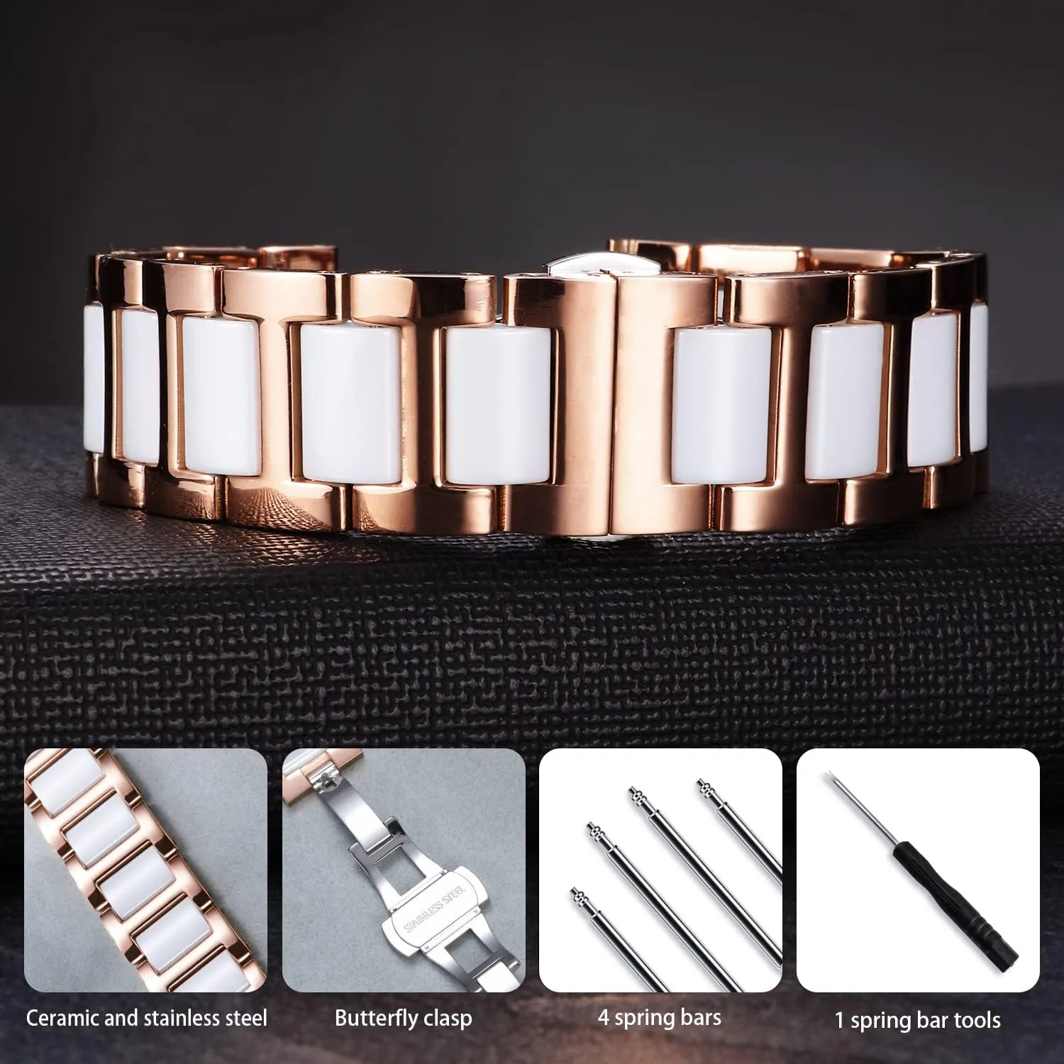 BINLUN Replacement Watch Band Stainless Steel Ceramic Watch Bracelet Polished Strap 12mm/14mm/16mm/18mm/20mm/22mm with Butterfly Buckle 6 Colors