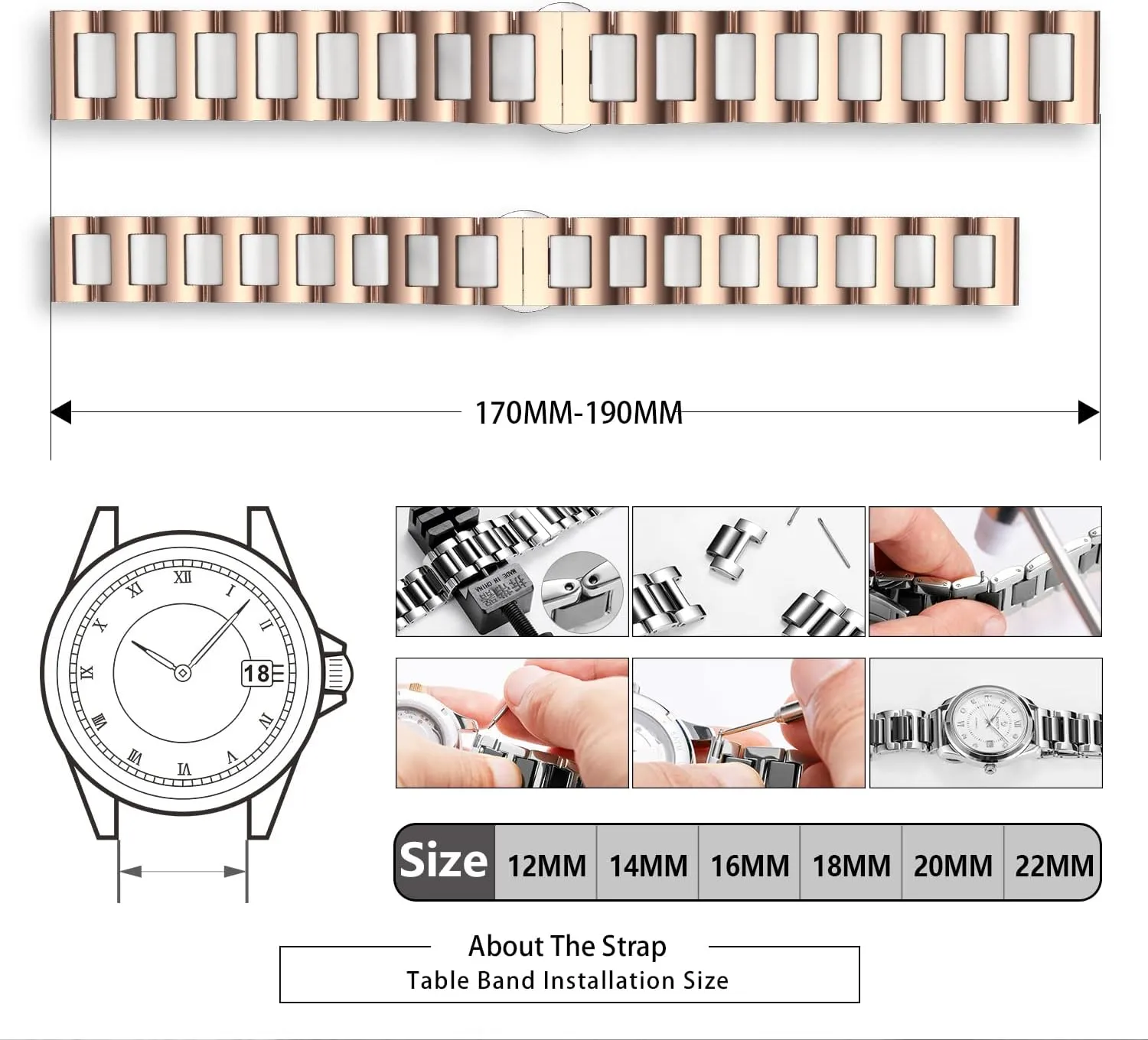 BINLUN Replacement Watch Band Stainless Steel Ceramic Watch Bracelet Polished Strap 12mm/14mm/16mm/18mm/20mm/22mm with Butterfly Buckle 6 Colors