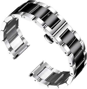 BINLUN Thick Stainless Steel Watch Band Metal Heavy Polished Matte Brushed Finish Watch Strap Replacement for Men Women 16mm/18mm/20mm/21mm/22mm/23mm/24mm/26mm(Polished Silver and Black,22mm)