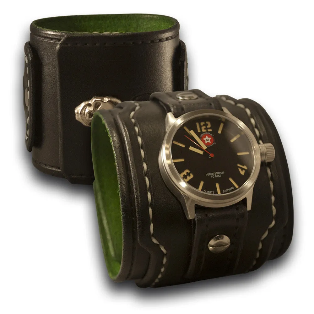 Black Layered Leather Cuff Watch with 42mm & Skull Snap