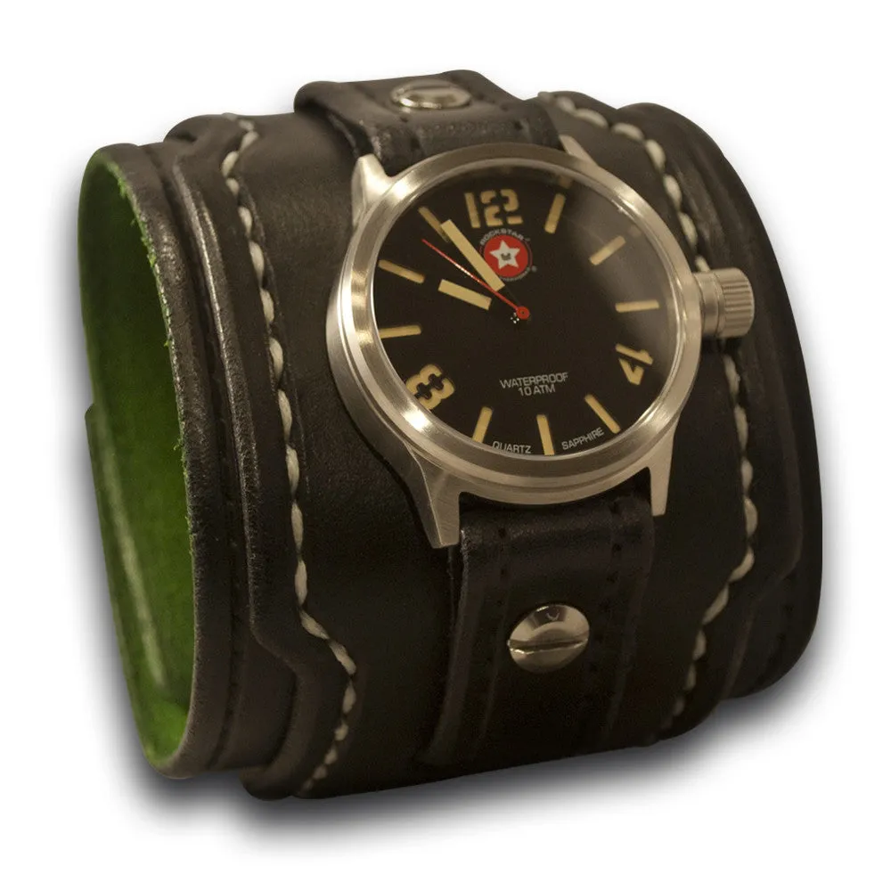 Black Layered Leather Cuff Watch with 42mm & Skull Snap