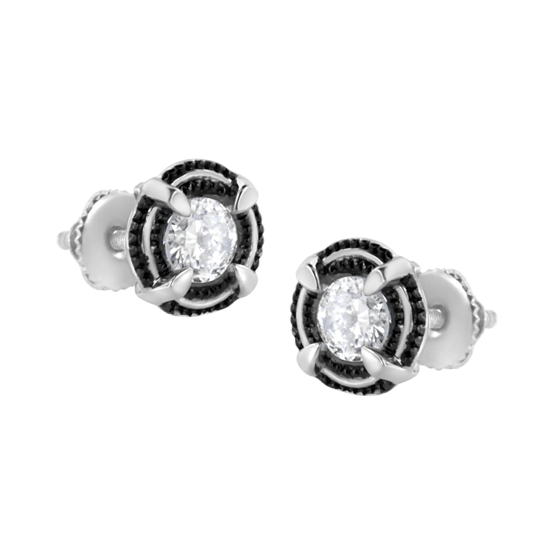 Black Rhodium Plated .925 Sterling Silver Round Diamond Double Halo 4-Prong Solitaire Milgrain Stud Earrings - Pack Of: 1