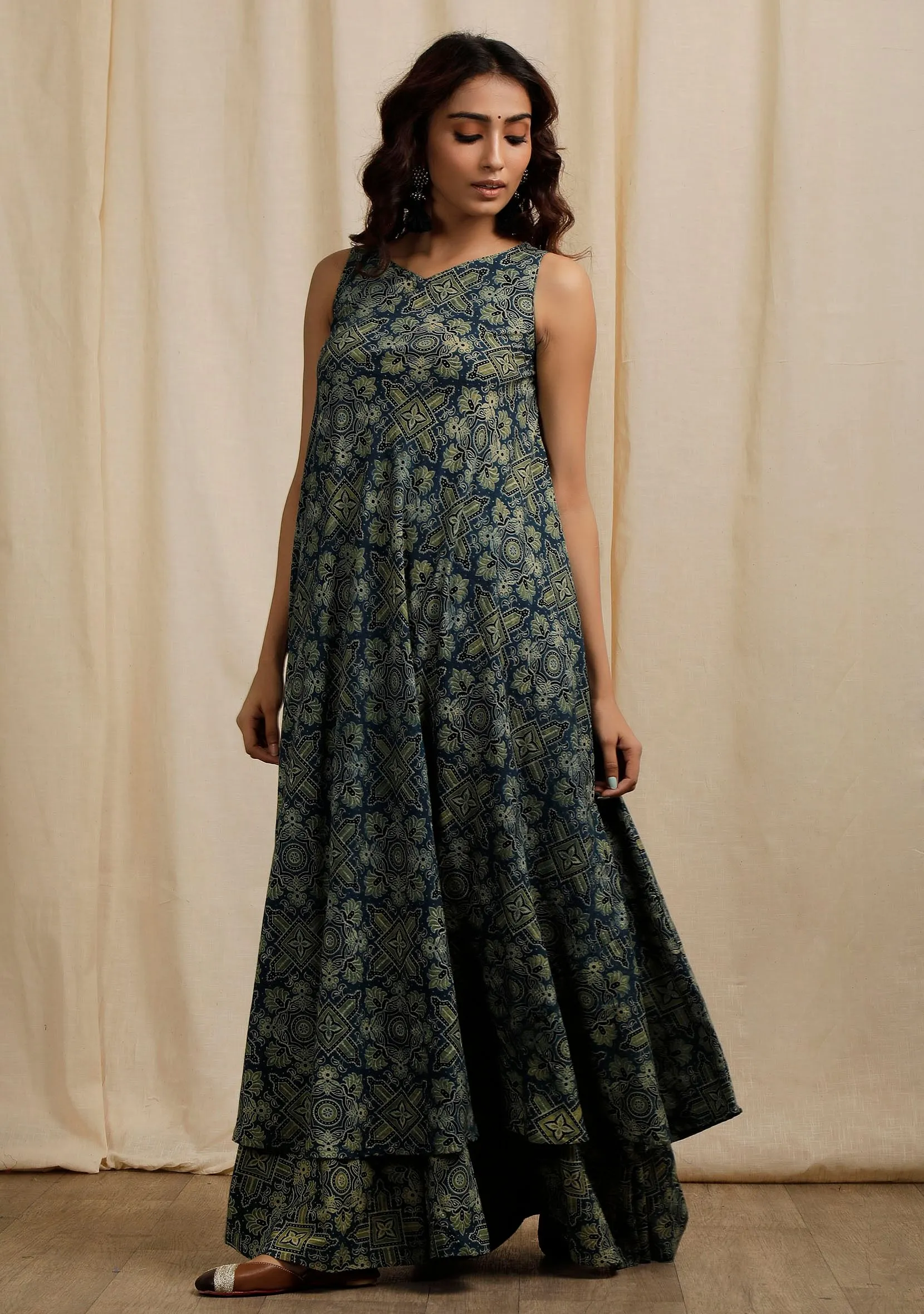 Blue Ajrakh Print Sleeveless Flared Kurta