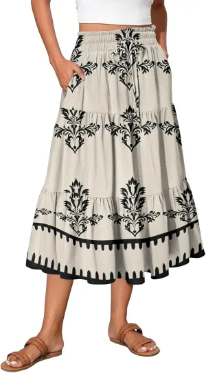 Boho Dresses for Women 2025 Loose Casual Trendy Floral Print Elastic Waist Lightweight Hawaiian Maxi Skirts, S-2XL