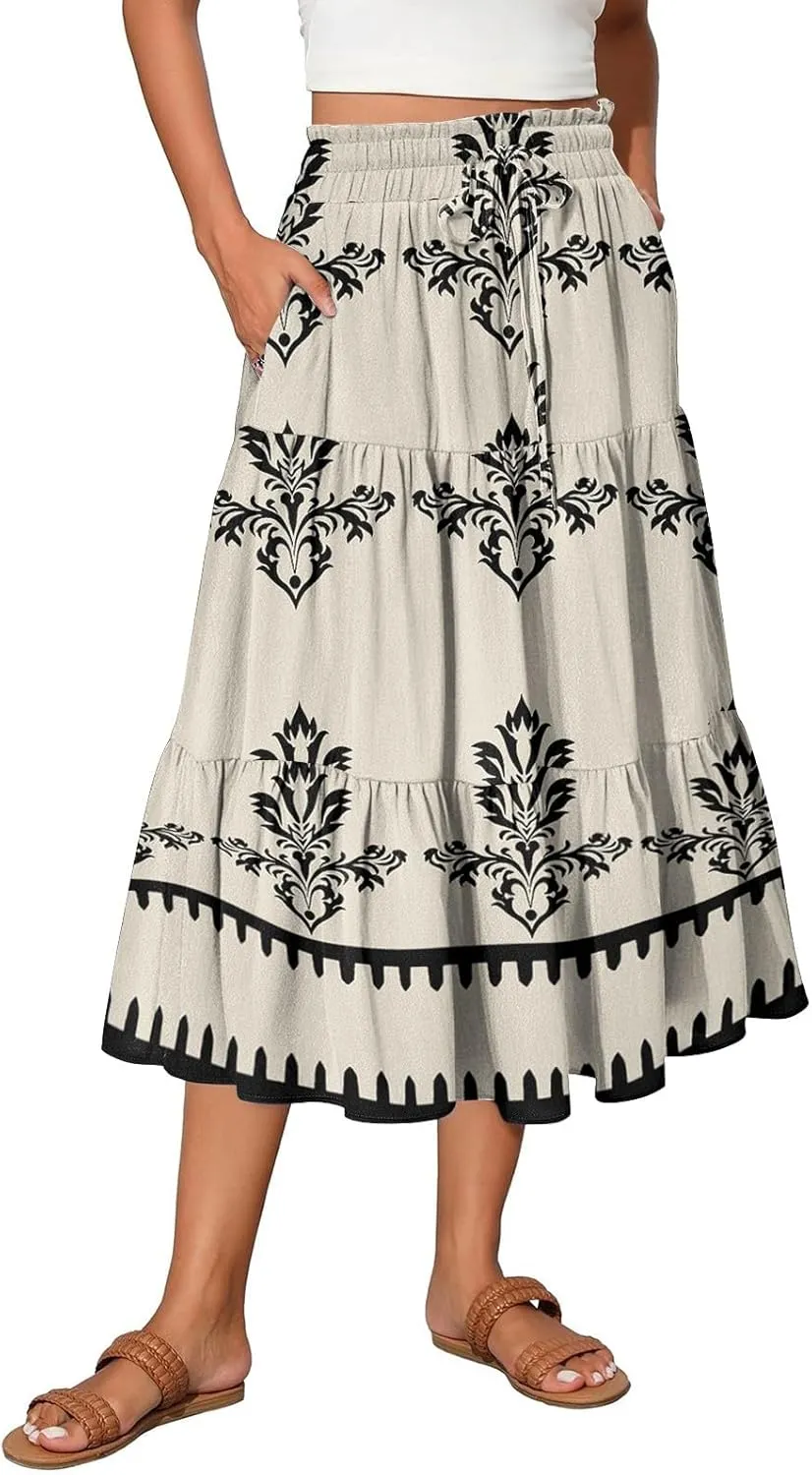 Boho Dresses for Women 2025 Loose Casual Trendy Floral Print Elastic Waist Lightweight Hawaiian Maxi Skirts, S-2XL