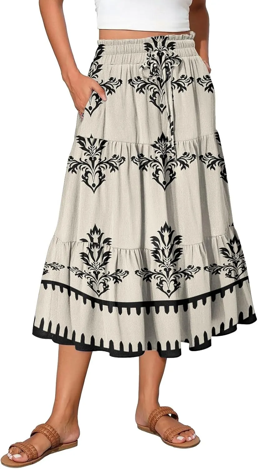Boho Dresses for Women 2025 Loose Casual Trendy Floral Print Elastic Waist Lightweight Hawaiian Maxi Skirts, S-2XL