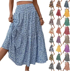 Boho Floral Maxi Skirt for Women 2025 Summer Elastic High Waist A Line Long Skirts Flowy Tiered Skirt with Pockets