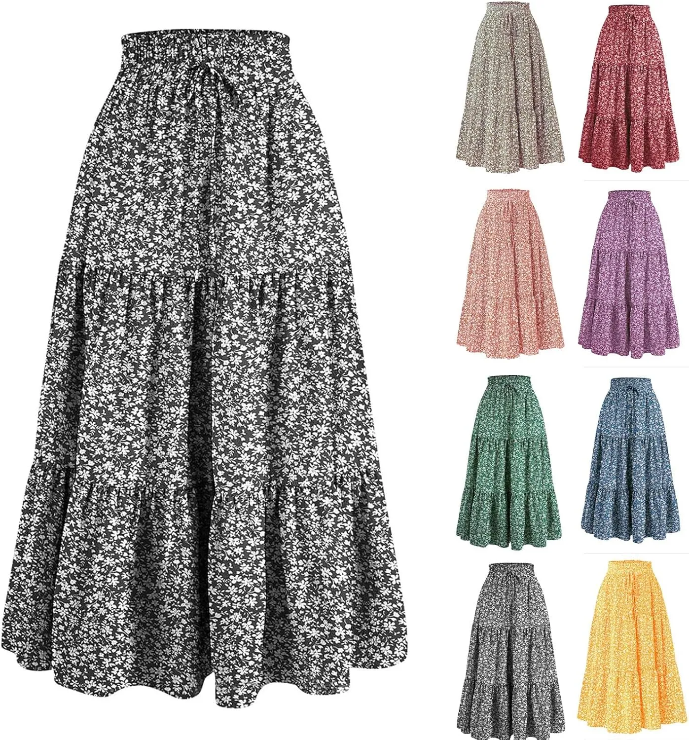 Boho Floral Maxi Skirt for Women 2025 Summer Elastic High Waist A Line Long Skirts Flowy Tiered Skirt with Pockets