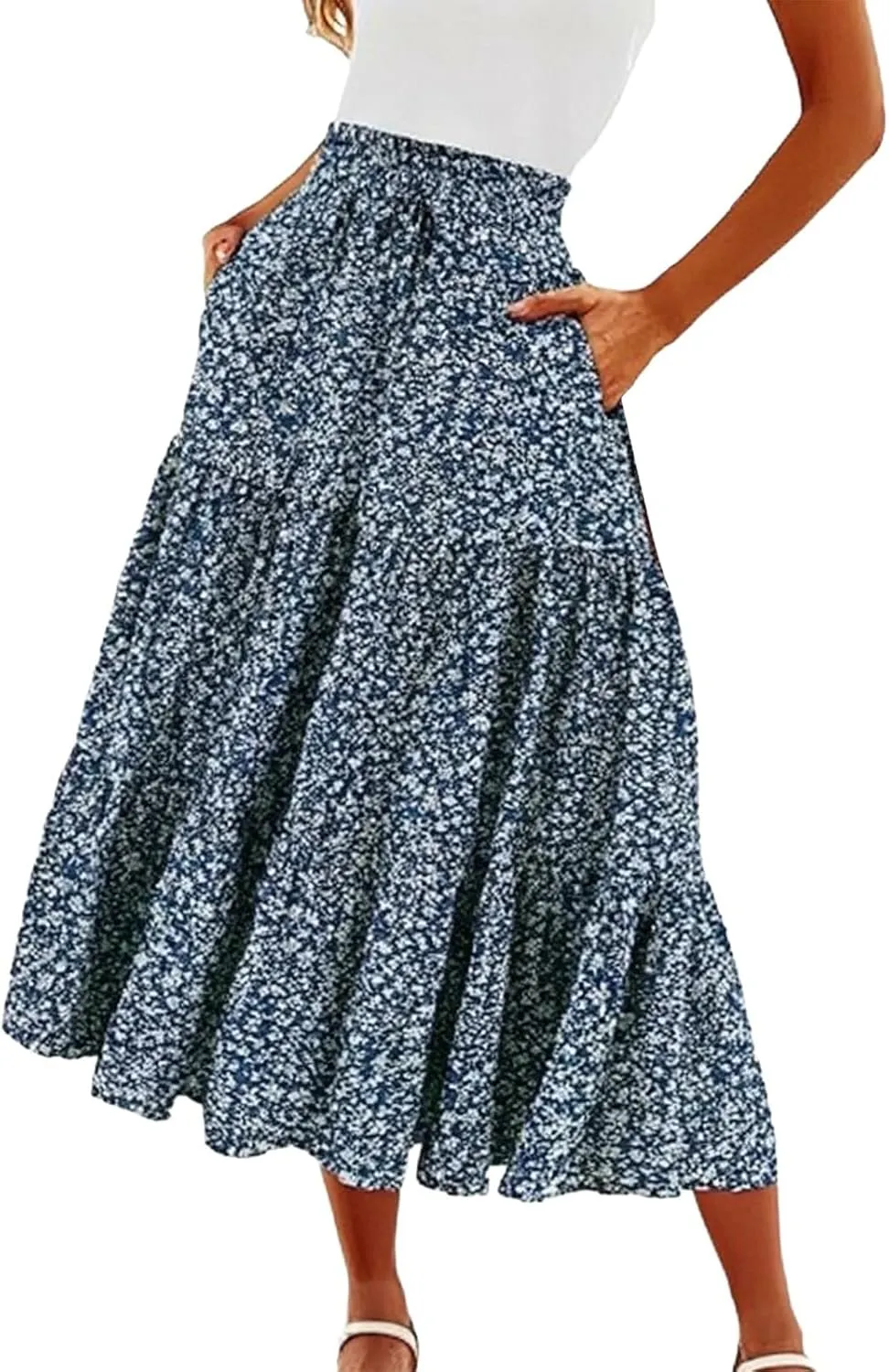 Boho Floral Maxi Skirt for Women 2025 Summer Elastic High Waist A Line Long Skirts Flowy Tiered Skirt with Pockets